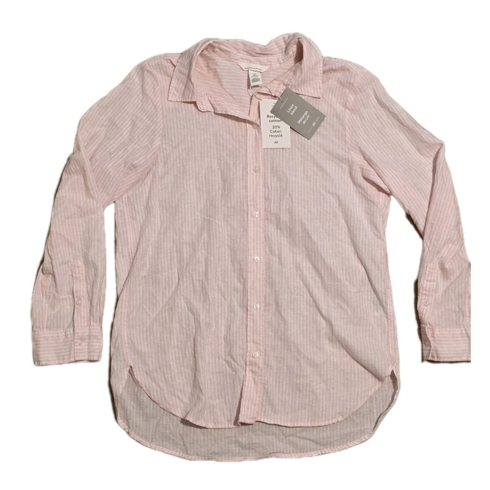 H+M Pink + white stripe linen blend long sleeve button down Shirt Small NWT